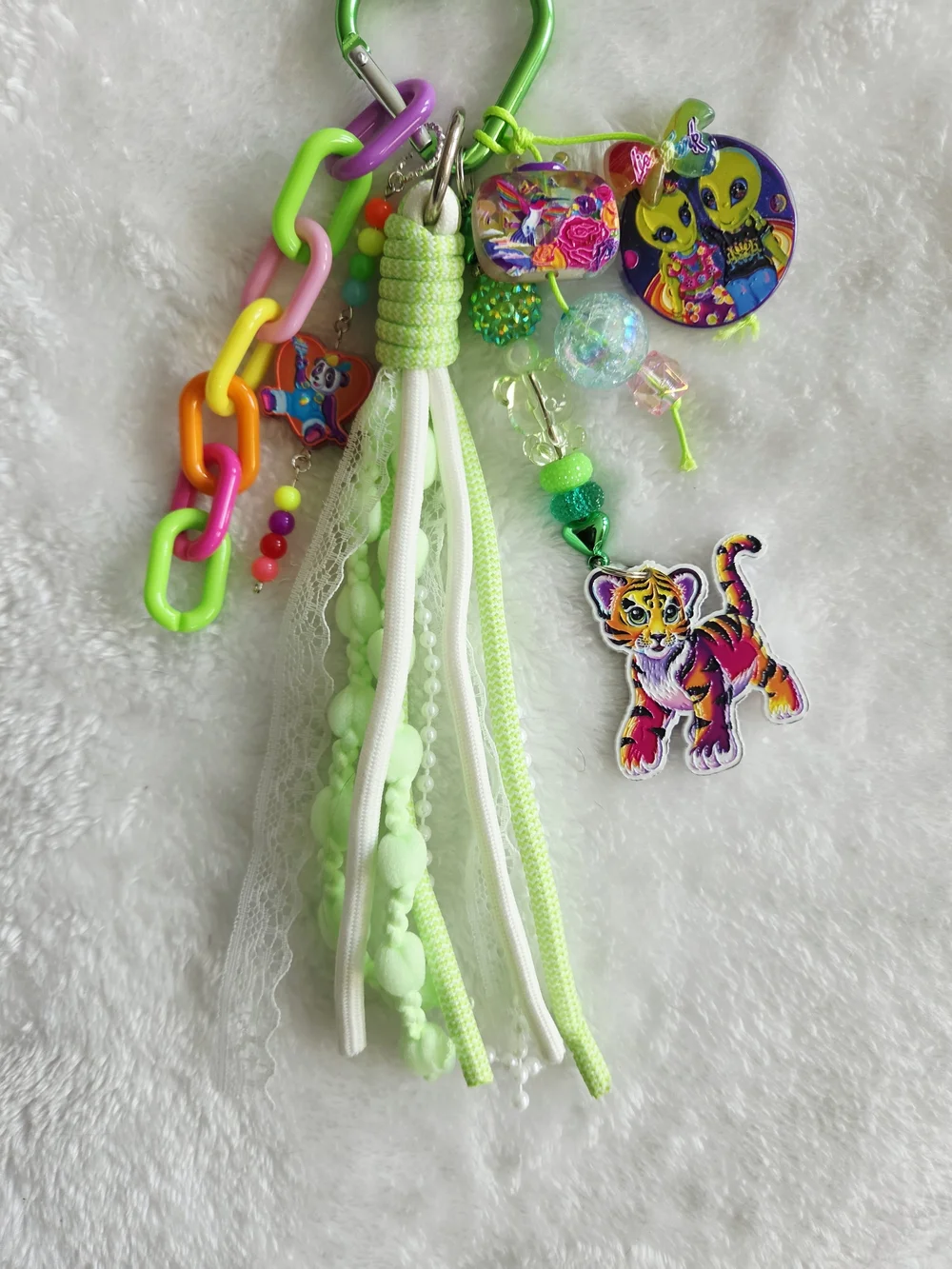 Lisa Frank Keychain 80s 90s Neon Green Tassel Vibrant Bag Charm